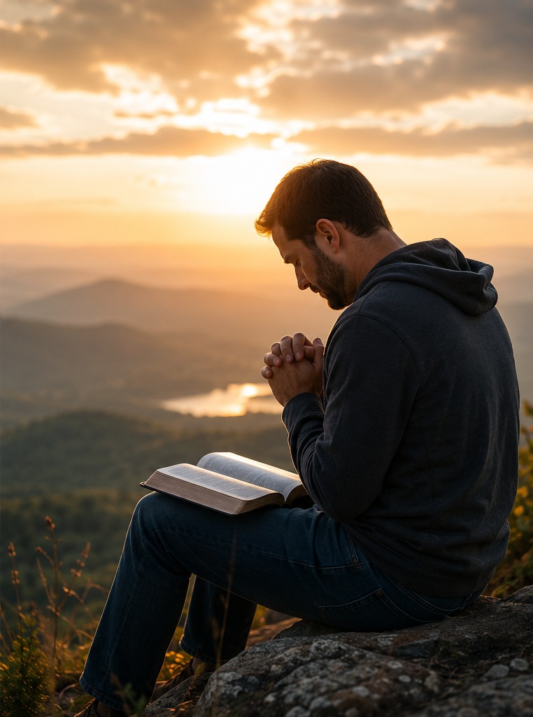 Hombre orando con una Biblia al atardecer pidiendo dirección a Dios por su trabajo