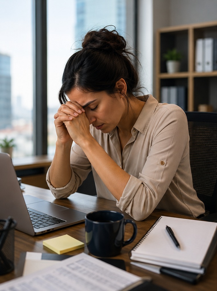 Mujer preocupada orando en su escritorio de oficina ante la falta de reconocimiento laboral